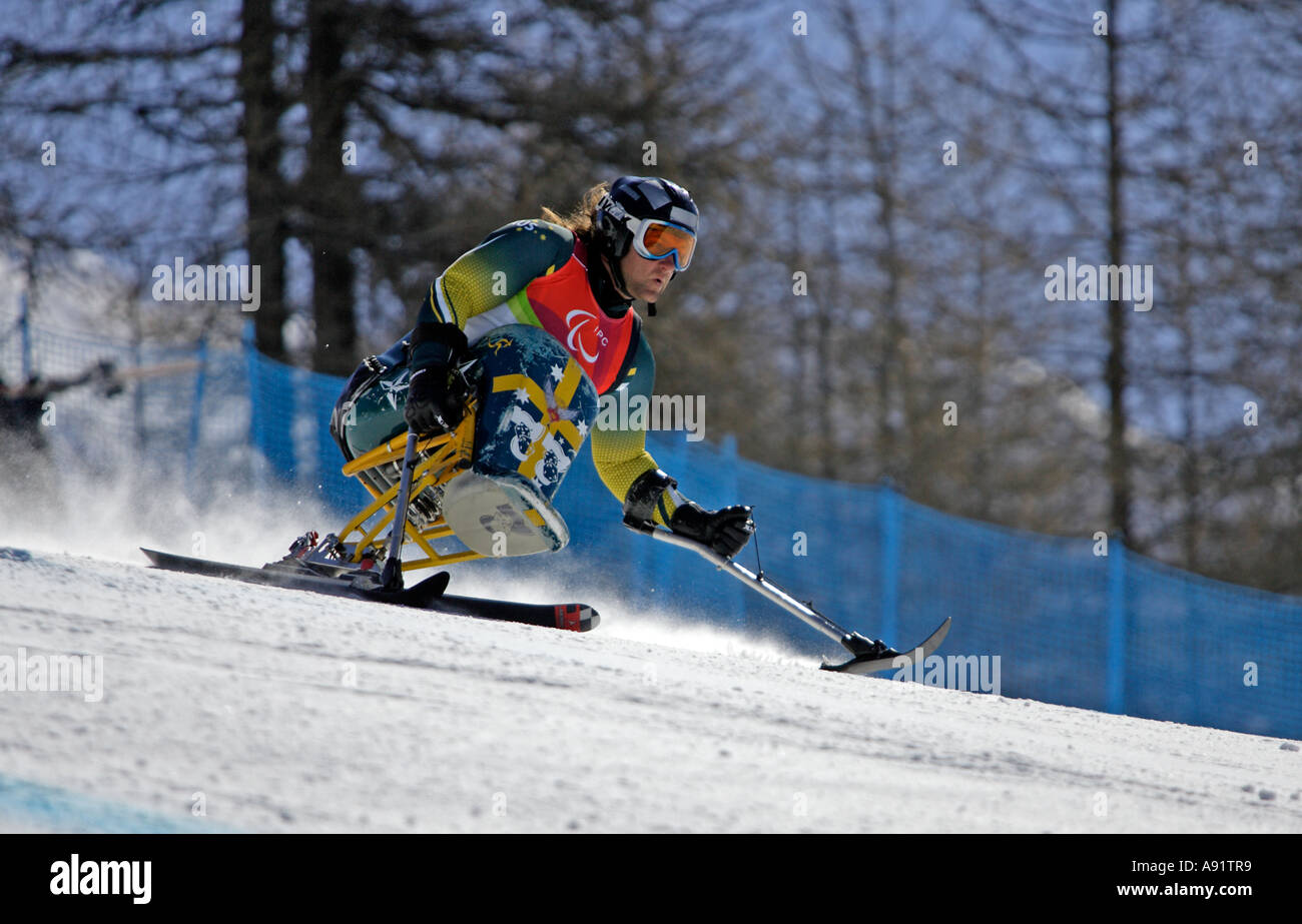 Shannon Dallas LW11 of Australia in the Mens Alpine Skiing Super G Sitting competition Stock Photo