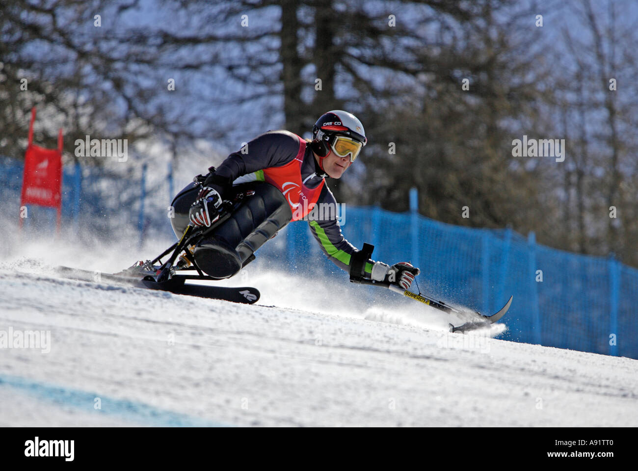 Martin Braxenthaler LW10 2 of Germany in the Mens Alpine Skiing Super G Sitting competition on his way to winning the gold medal Stock Photo