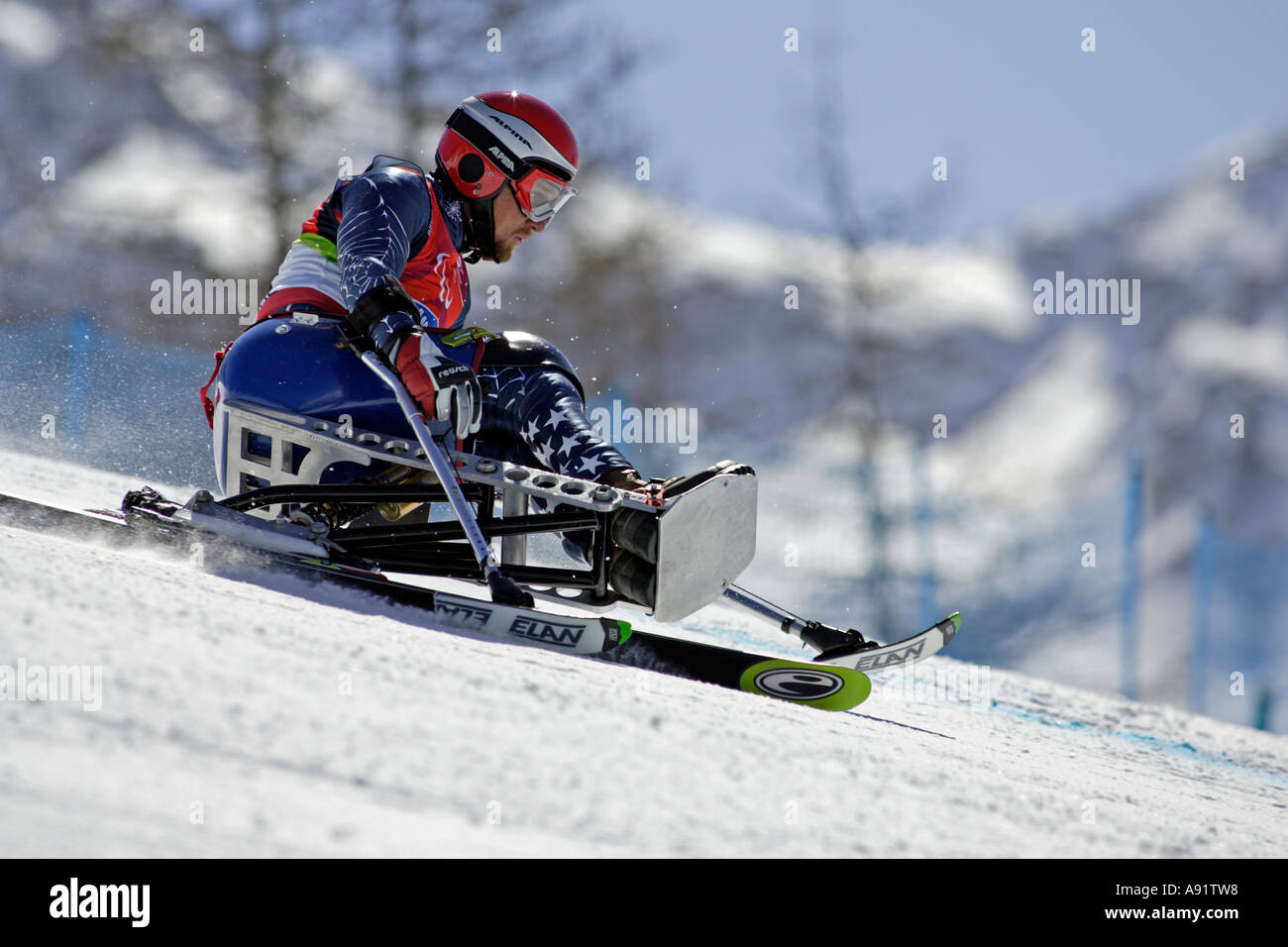 Christopher Devlin Young LW12 1 of the USA in the Mens Alpine Skiing Super G Sitting competition Stock Photo