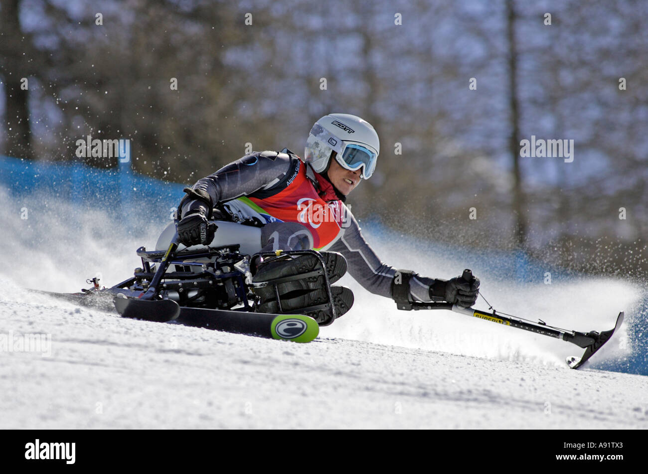Taiki Morii LW11 of Japan in the Mens Alpine Skiing Super G Sitting competition Stock Photo
