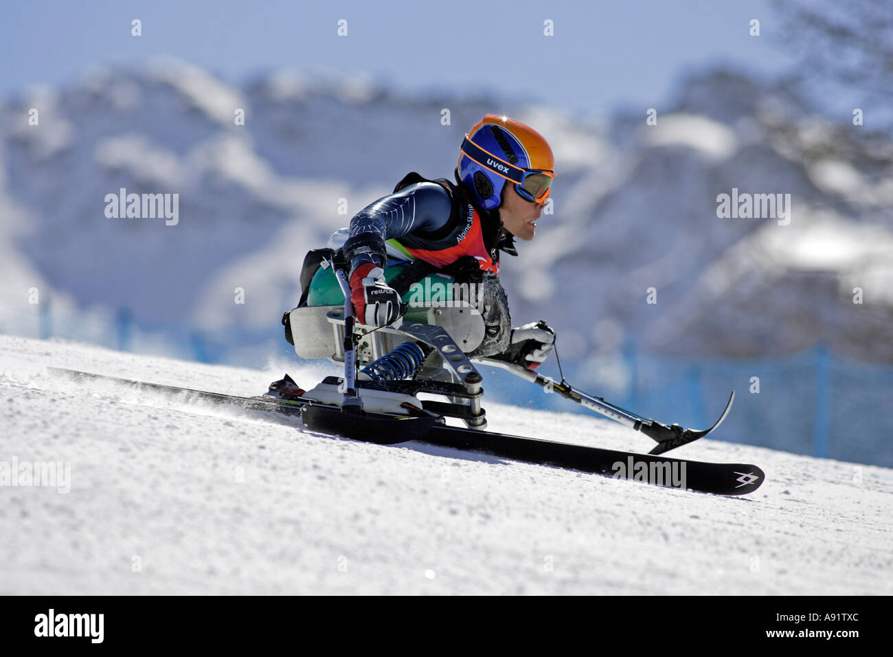 Tyler Walker LW12 2 of the USA in the Mens Alpine Skiing Super G Sitting competition Stock Photo
