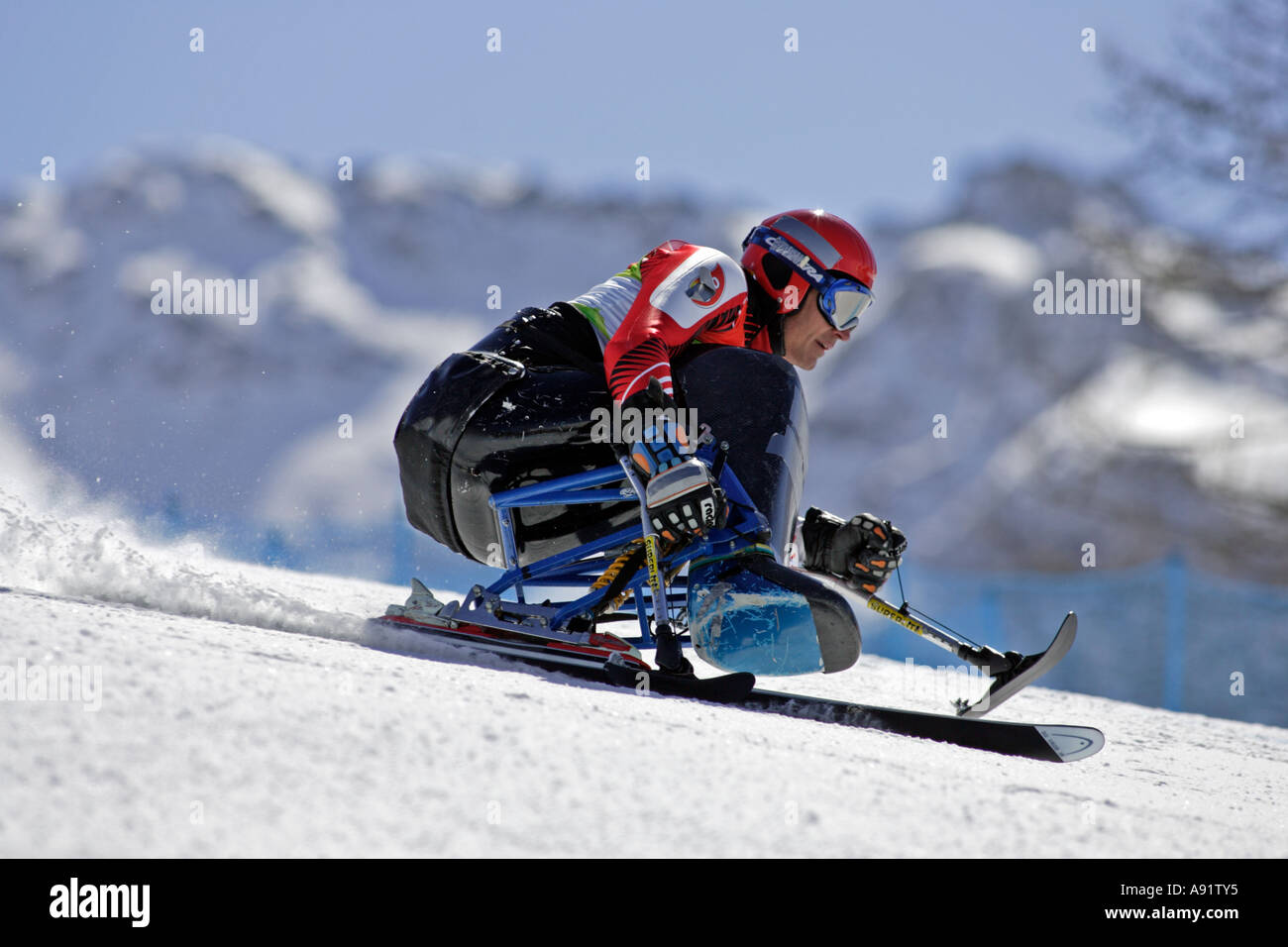 Klaus Salzmann LW11 of Austria in the Mens Alpine Skiing Super G Sitting competition Stock Photo