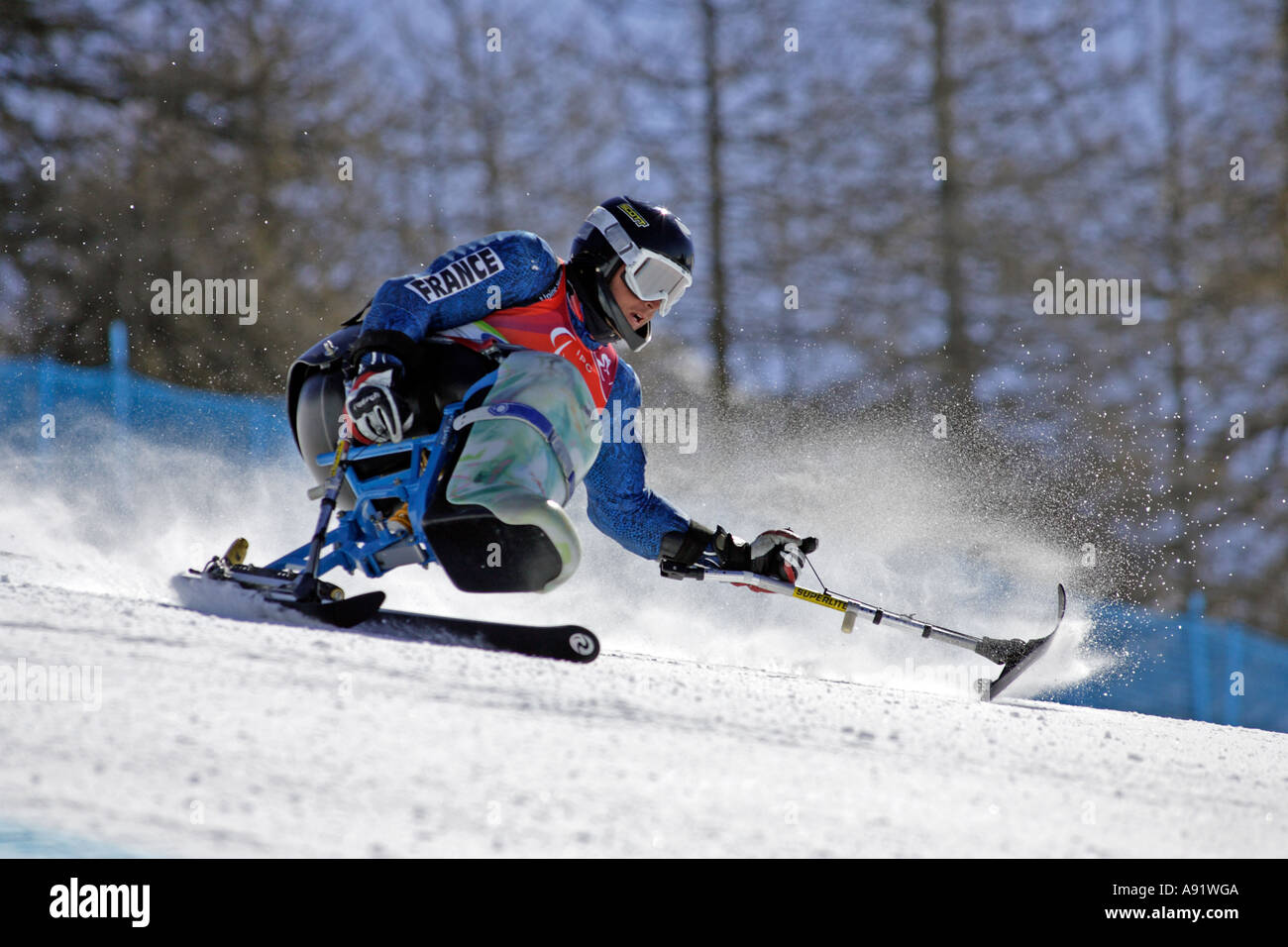 Yohann Taberlet LW12 1 of France in the Mens Alpine Skiing Super G Sitting competition Stock Photo