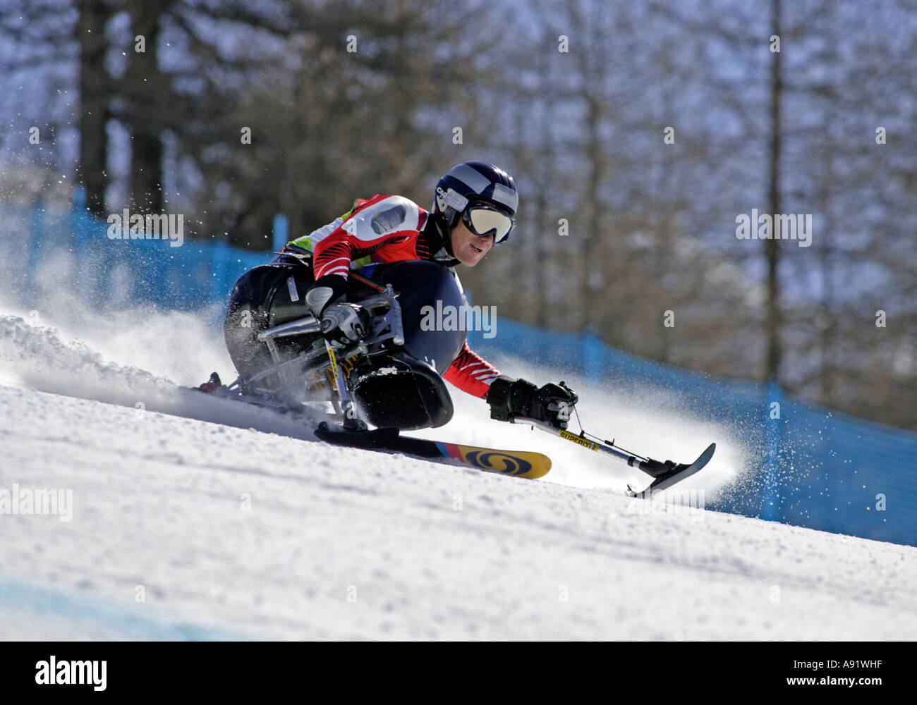 Thomas Bechter LW10 1 of Austria in the Mens Alpine Skiing Super G Sitting competition Stock Photo