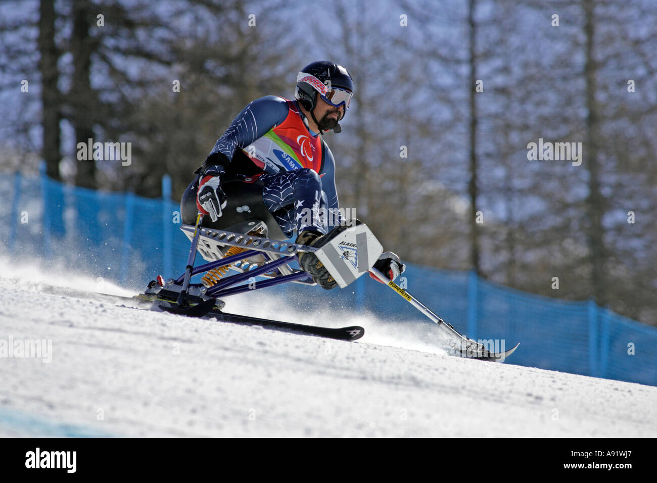 Joseph Tompkins LW11 of the USA in the Mens Alpine Skiing Super G Sitting competition Stock Photo