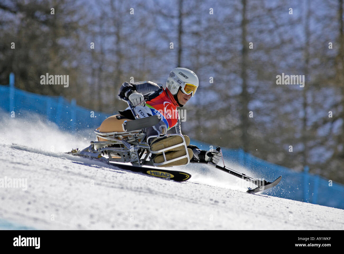Akira Taniguchi LW11 of Japan in the Mens Alpine Skiing Super G Sitting competition Stock Photo