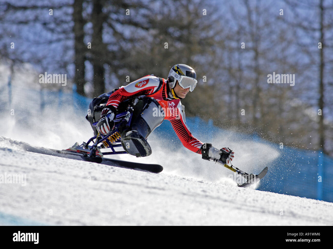 Juergen Egle LW11 of Austria in the Mens Alpine Skiing Super G Sitting competition Stock Photo