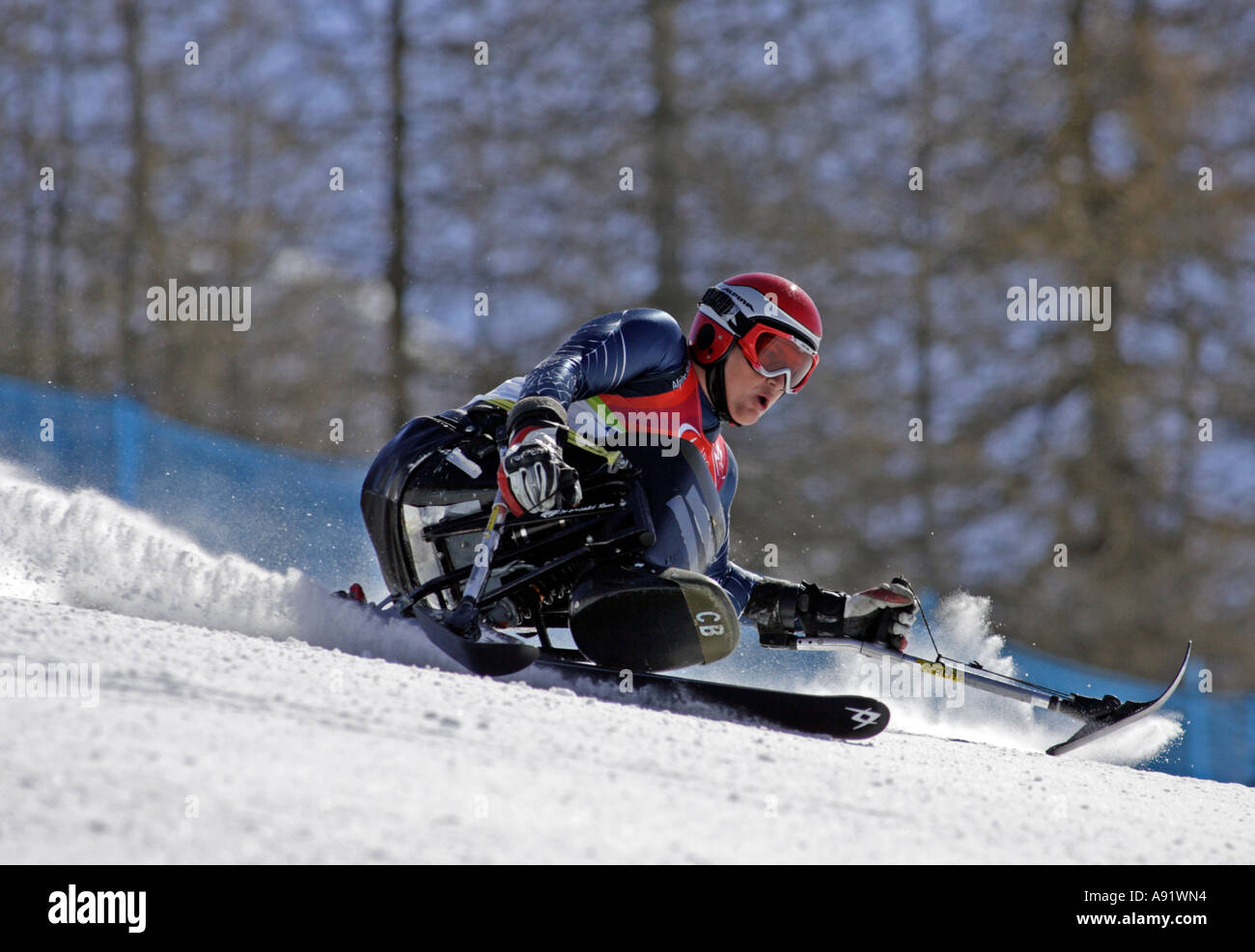 Carl Burnett LW11 of the USA in the Mens Alpine Skiing Super G Sitting competition Stock Photo
