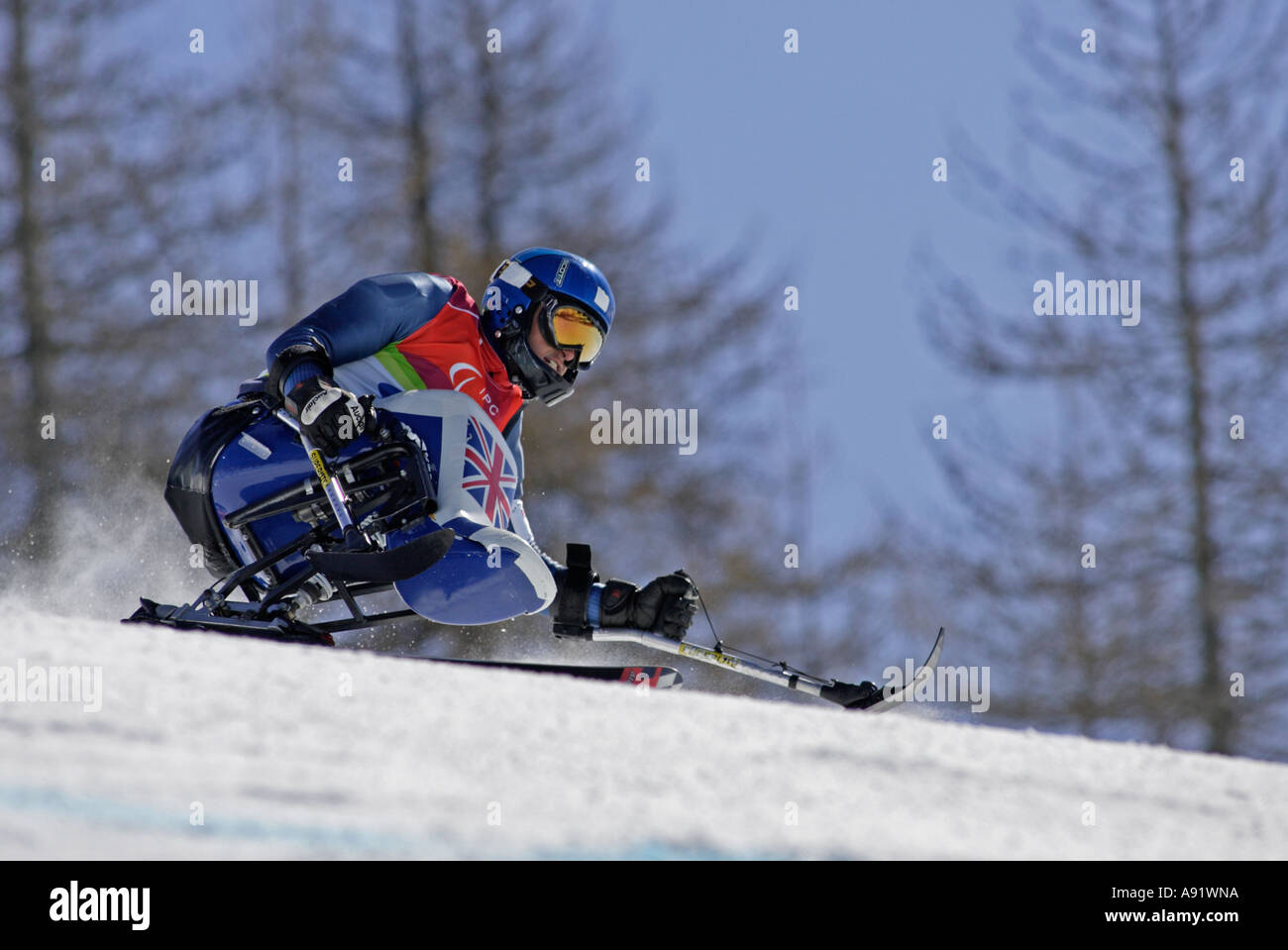 Sean Rose LW11 of Great Britain in the Mens Alpine Skiing Super G Sitting competition Stock Photo