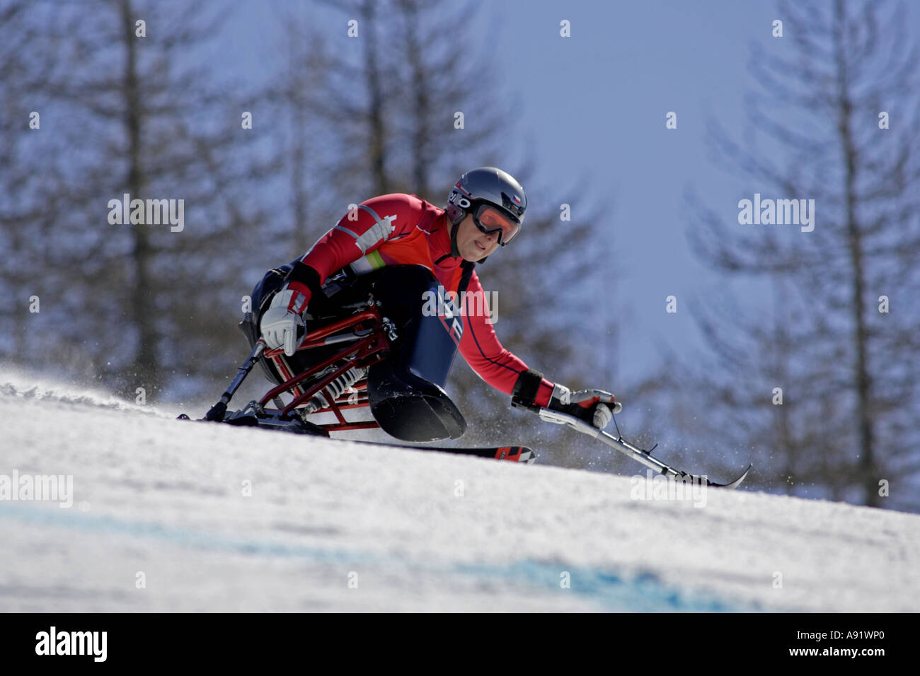 Radim Kozlovsky LW10-2 of the Czech Republic in the Mens Alpine Skiing Super G Sitting competition Stock Photo