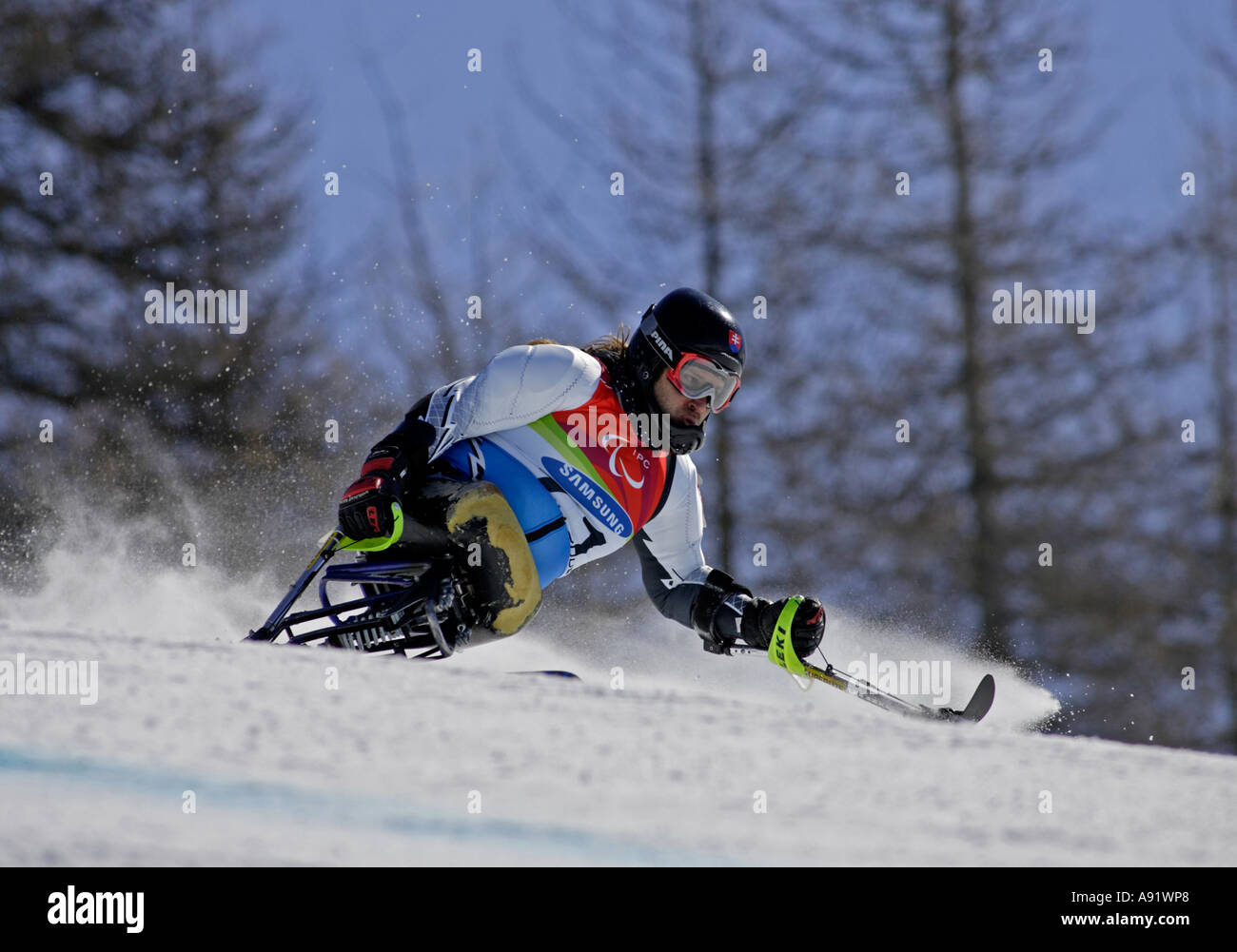 Peter Sutor LW12-1 of Slovakia in the Mens Alpine Skiing Super G Sitting competition Stock Photo