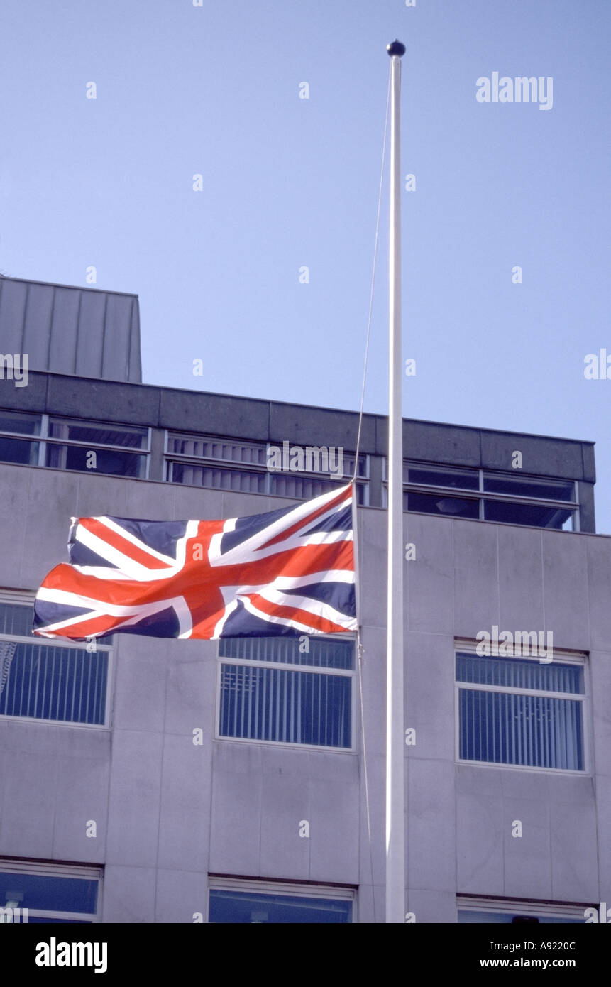 Union Jack flag at half mast at time of national mourning outside