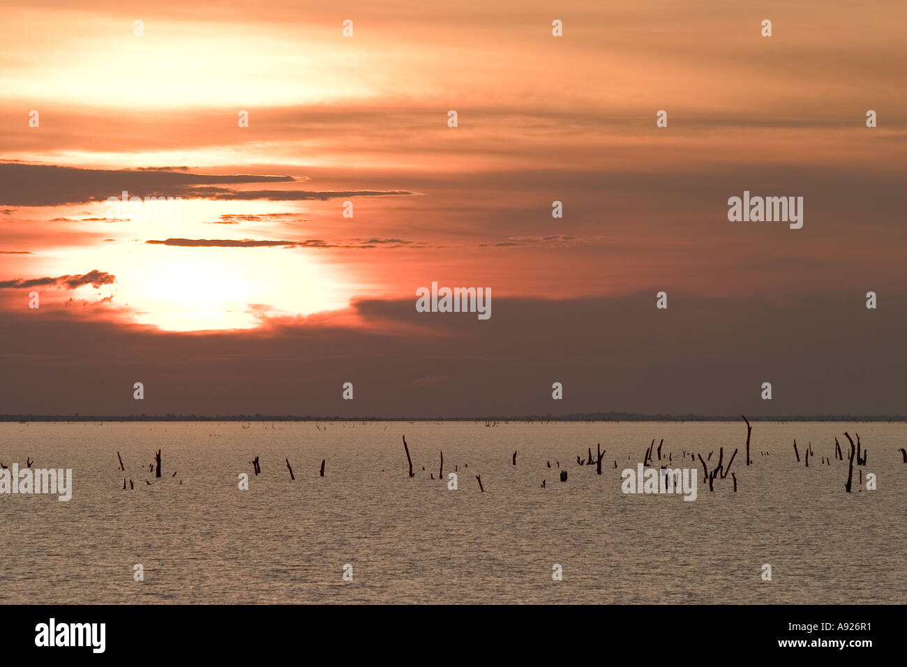Lake Volta at sunset Ghana Africa World s largest man made lake Stock Photo