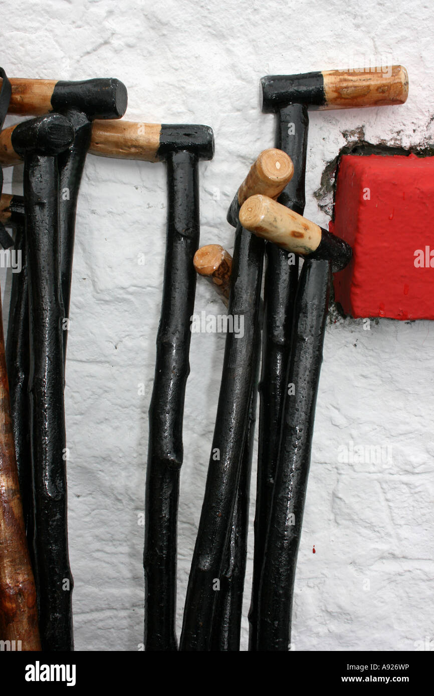 Traditional walking sticks on sale outside crafts shop in Leenane, Connemara, County Galway, Ireland Stock Photo