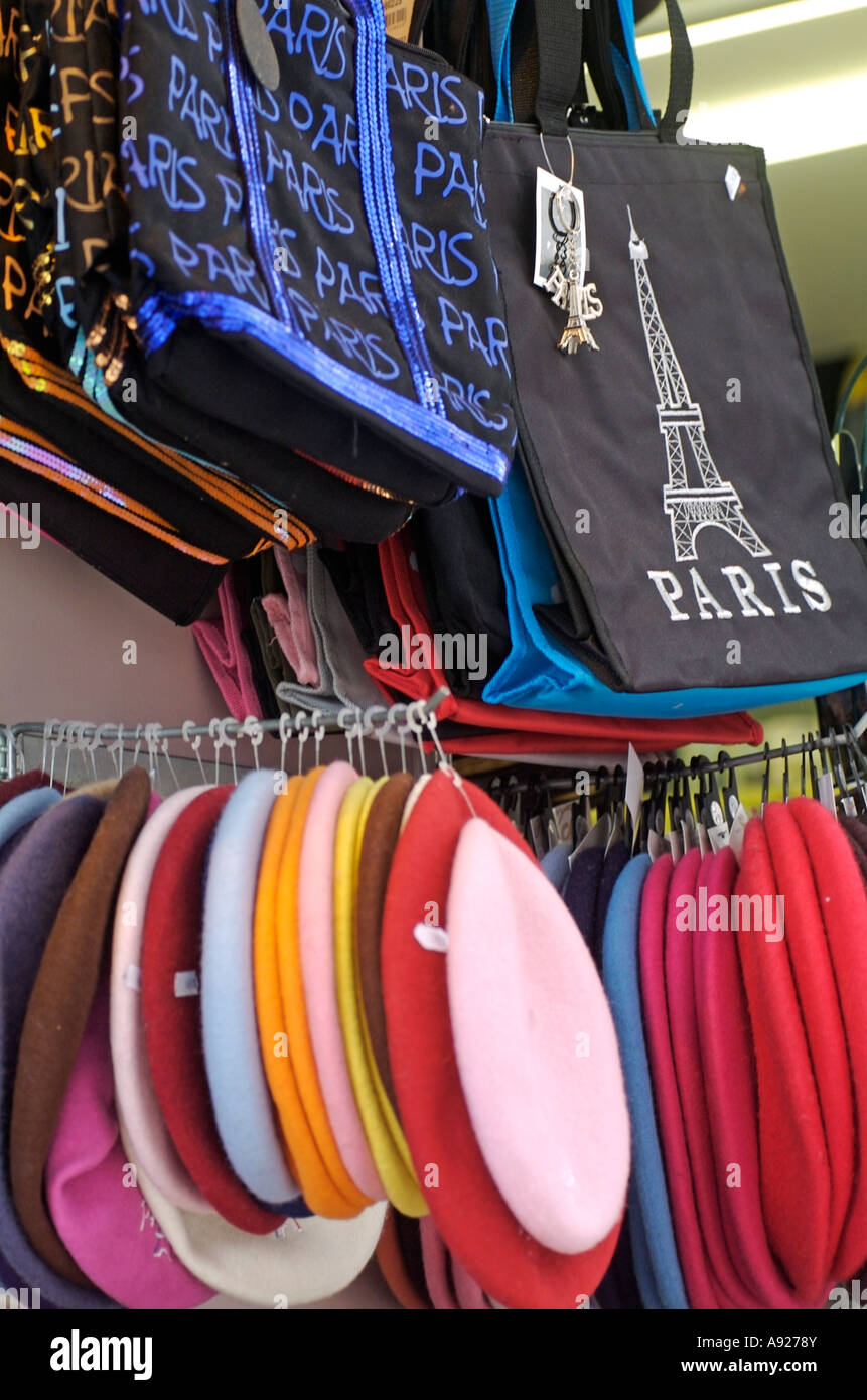 Colourful display of French beret's and bags in a souvenir shop in the
