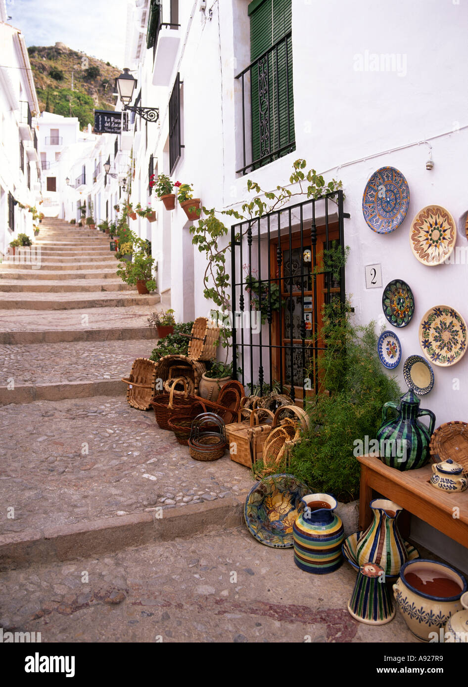 A street of steps in the picturesque white town of Frigiliana, near Nerja,  Malaga, southern Spain Stock Photo - Alamy