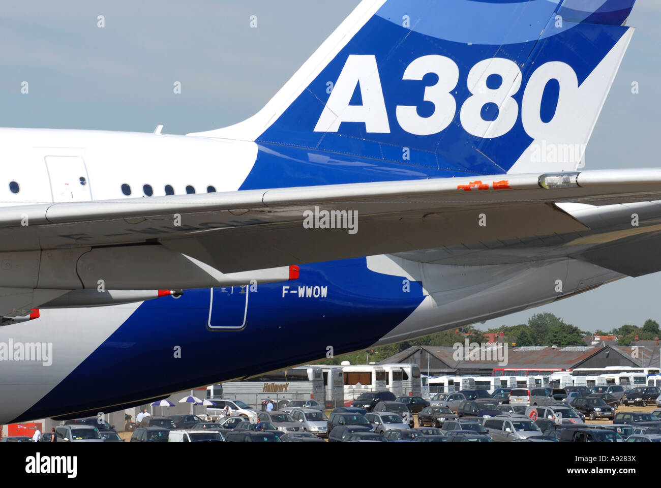 The tail of the Airbus A380 on display at the Farnborough Airshow Hampshire U K Stock Photo