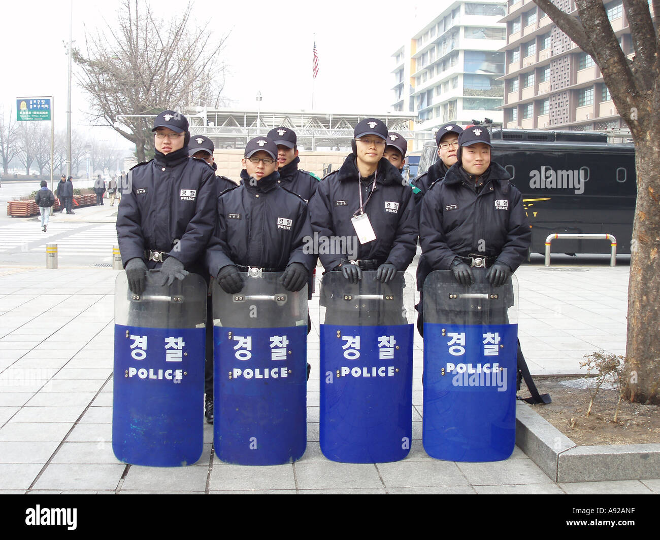 South Korean Police in Seoul guarding the American embassy Stock Photo