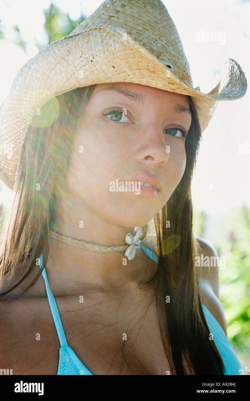 Portrait of African woman wearing cowboy hat Stock Photo