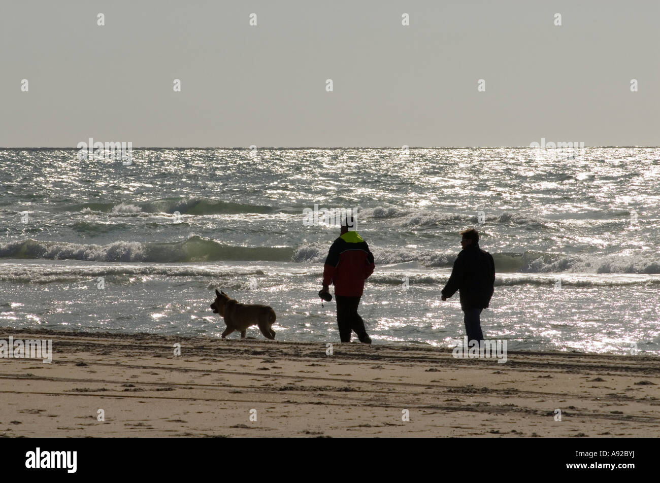 Spaziergaenger am Nordseestrand in Daenemark / Couple walking at the beach of the North Sea, Jutland, Denmark Stock Photo