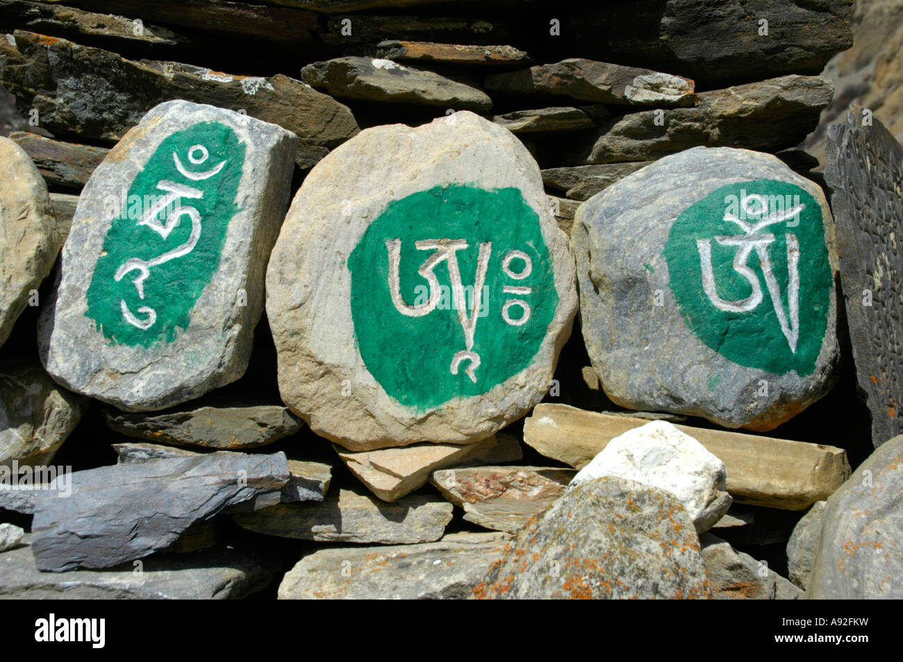Cryptic Tibetan script with green paint on rocks Nar-Phu Annapurna Region Nepal Stock Photo