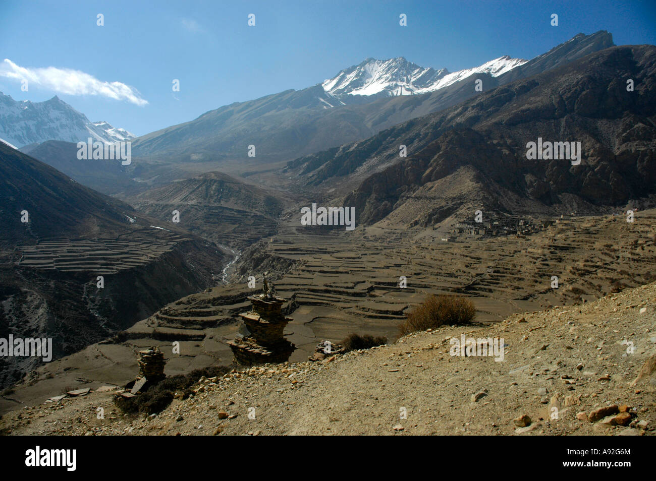 View into the grand valley of the mountain village with its terraces Nar Nar-Phu Annapurna Region Nepal Stock Photo