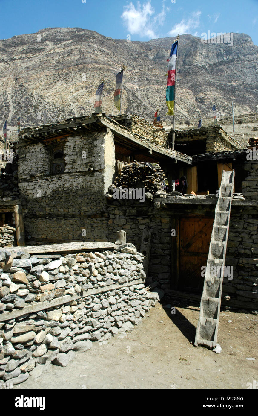 Flat-roofed stone house with wooden ladder in Manang Annapurna Region Nepal Stock Photo