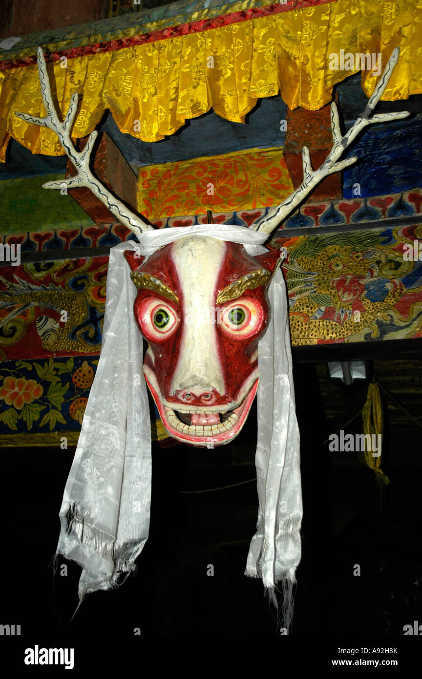 Deer-like mask in the old monastery gompa of Dzong Mustang Annapurna Region Nepal Stock Photo