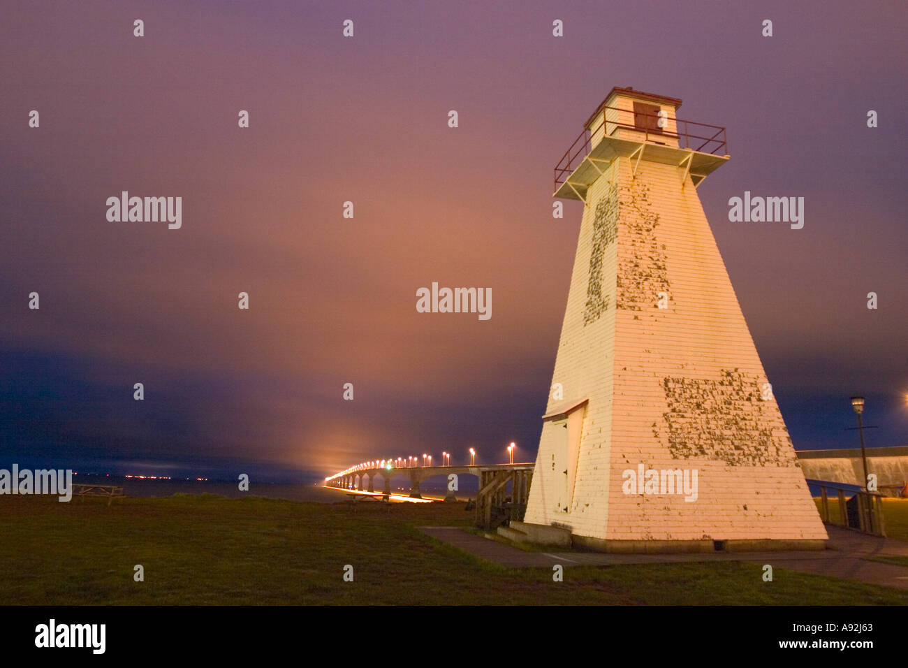 NA, Canada, Prince Edward Island. Borden-Carleton lighthouse at night. Stock Photo