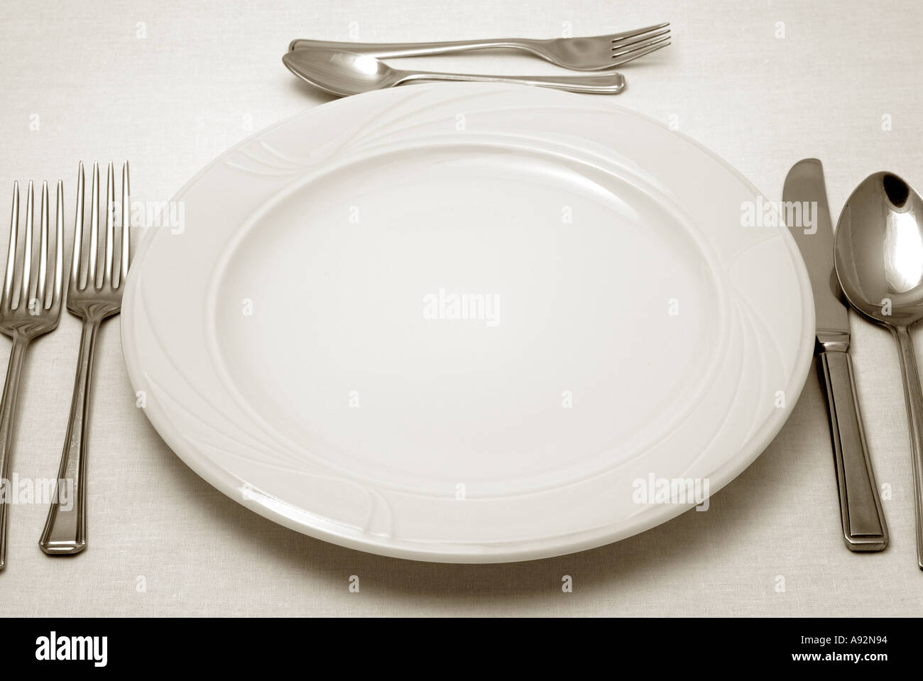 Place Setting on a Restaurant Dining Table Close Up Stock Photo