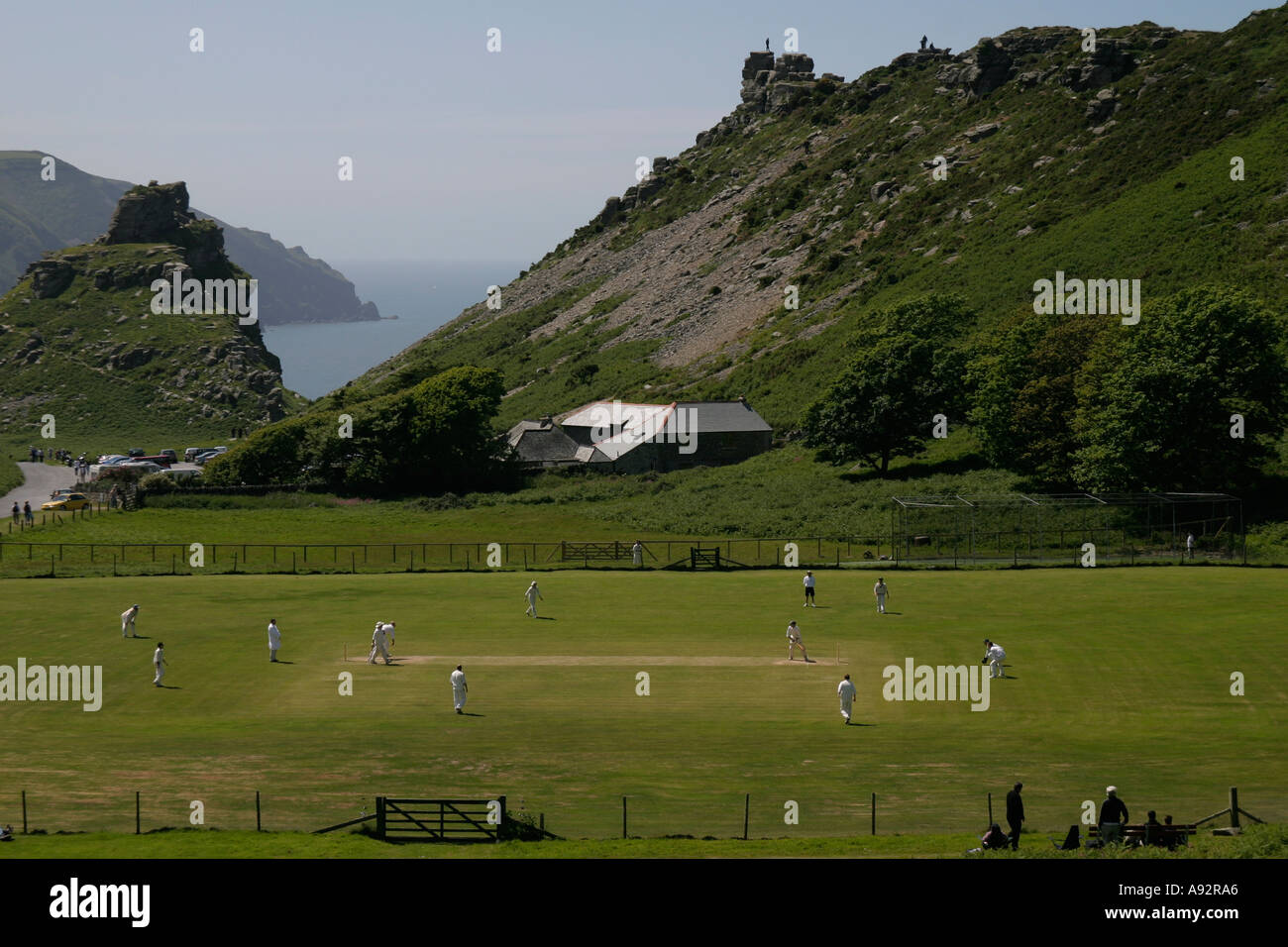 Lynmouth Lynton Men playing game of cricket match pitch Valley of the Rocks scenic games pitch aerial view Stock Photo