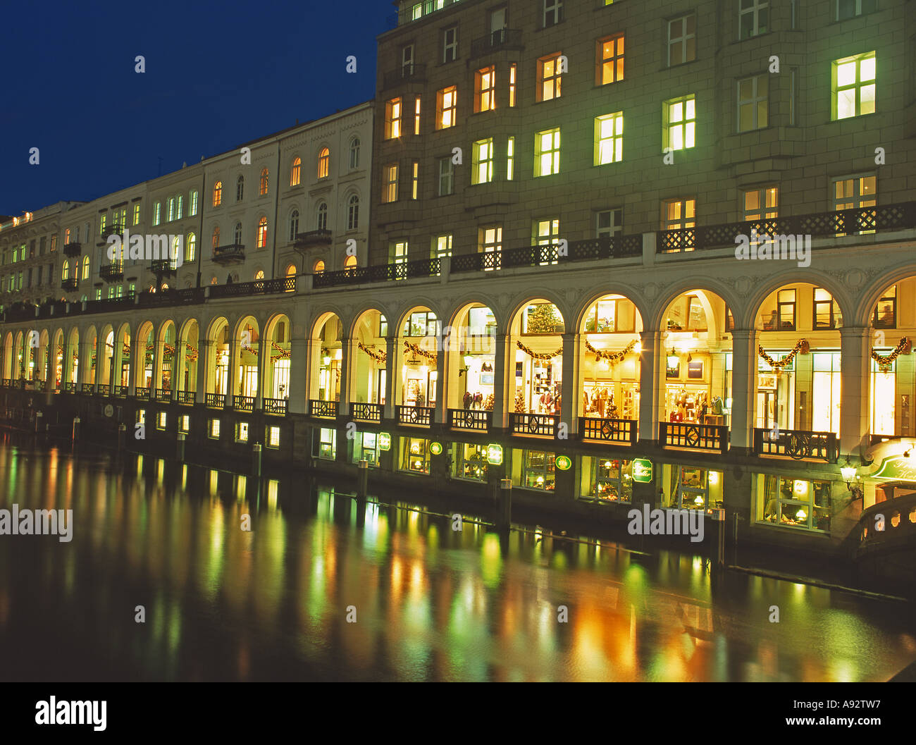 Hamburg Alsterarkaden Alster arcades at night  Germany Stock Photo