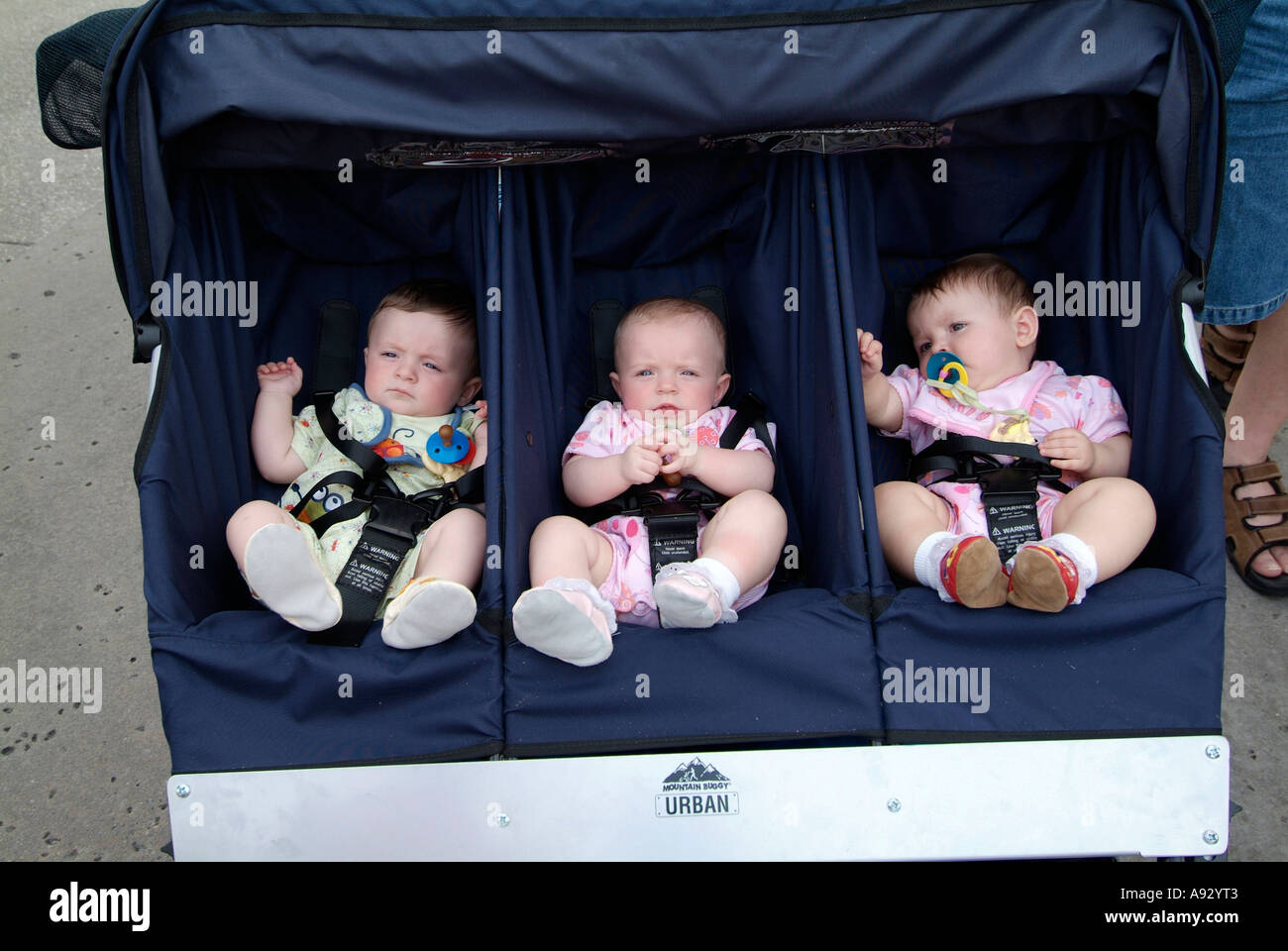 Parents with baby triplets twins visit Downtown Disney Marketplace Stock Photo