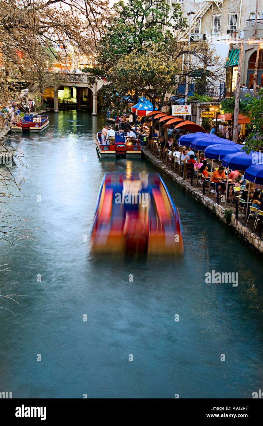 View from bridge overlooking River Walk in San Antonio TX. Stock Photo