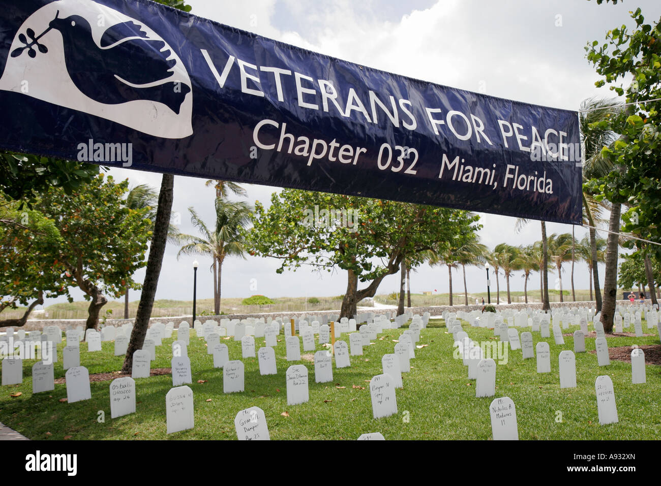 Miami Beach Florida,South Beach,Ocean Drive,Lummus Park,Veterans for Peace,mock gravestones,Iraqi War dead,FL070527023 Stock Photo