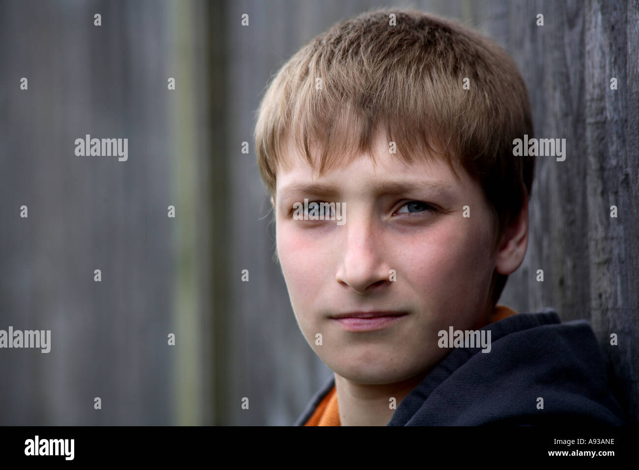 Horizontal close up portrait of young teenage boy looking at camera ...