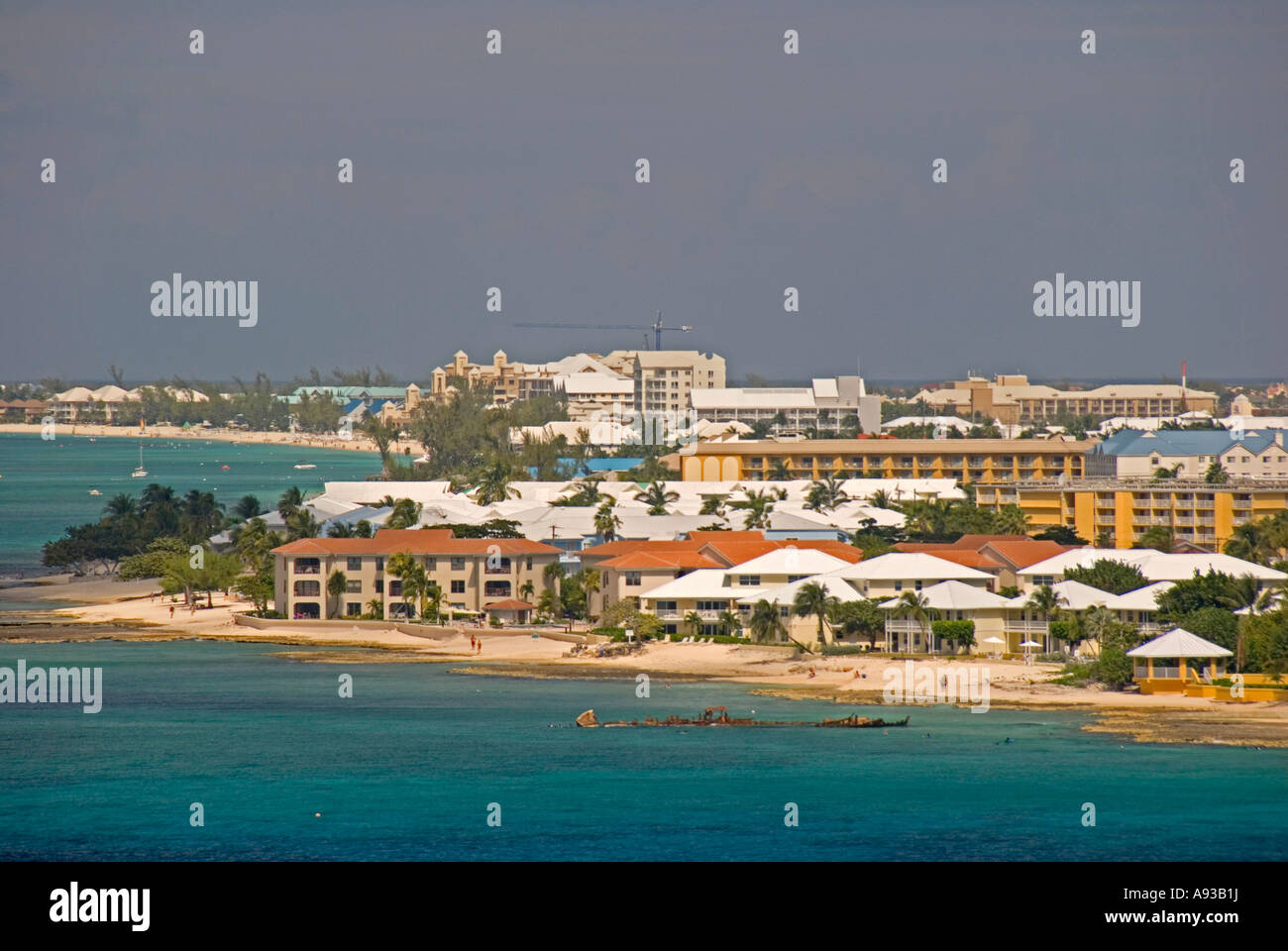 aerial George Town Grand Cayman condos beach green water scenic landscape shoreline Stock Photo
