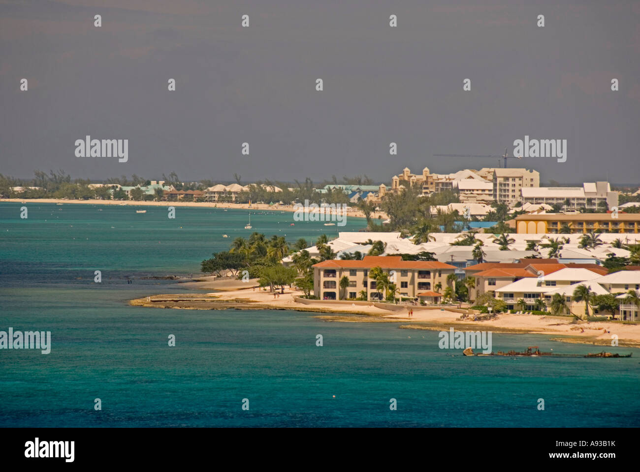 aerial George Town Grand Cayman  condos beach caribbean green water scenic landscape shoreline Stock Photo