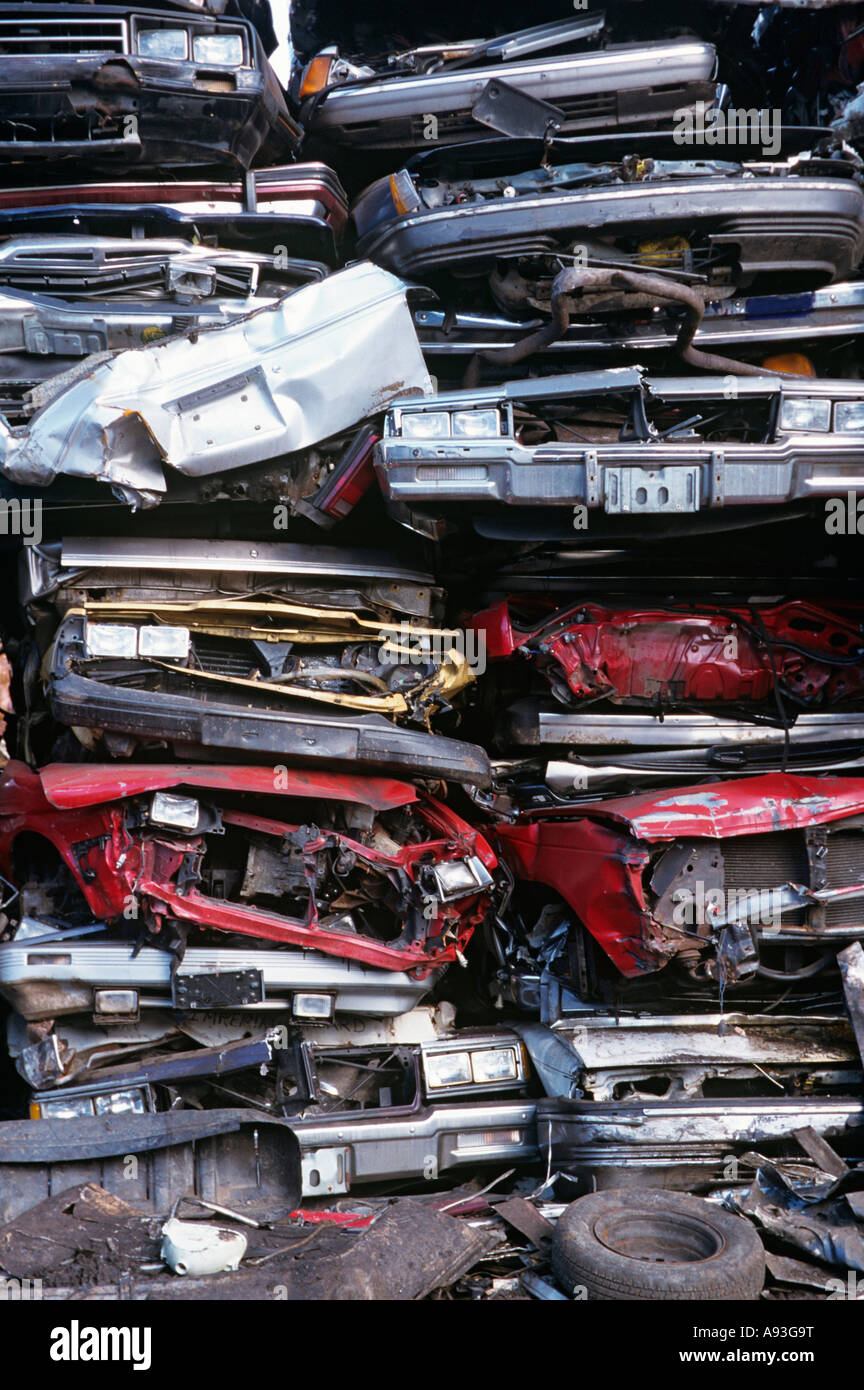 Pile of crushed cars in junkyard, full frame Stock Photo Alamy