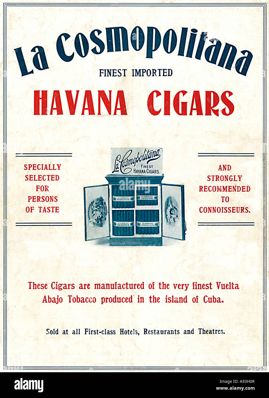 Cosmopolitana Cigars 1908 English advert for the Cuban Havana cigars made from the finest Vuelta Abajo tobacco Stock Photo