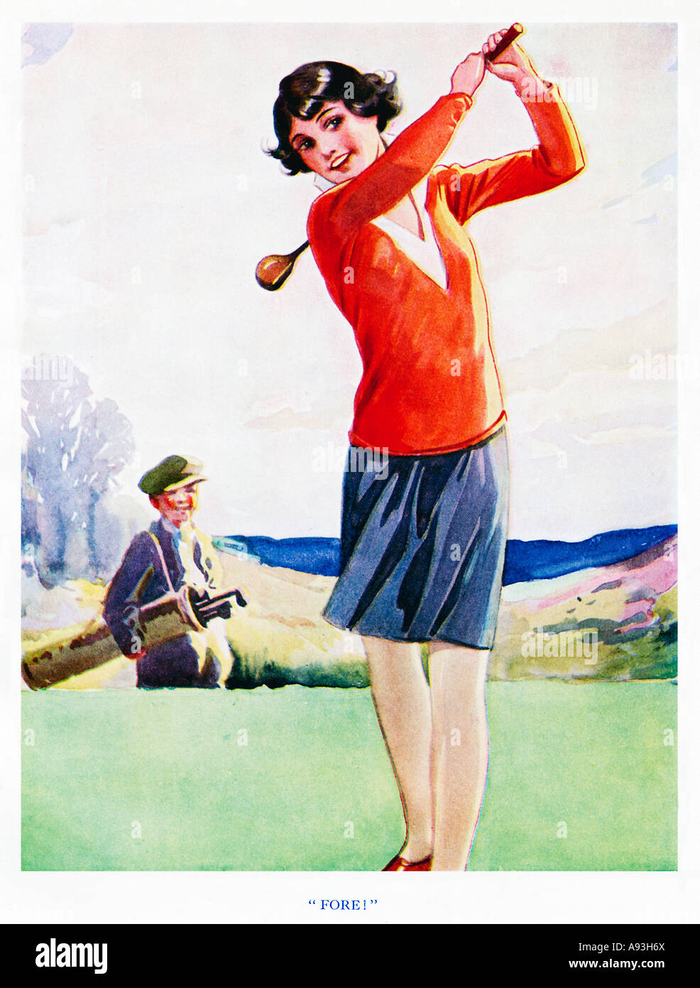 Fore 1920s illustration of a girl driving from the golf tee watched by her caddy from a girls comic annual Stock Photo