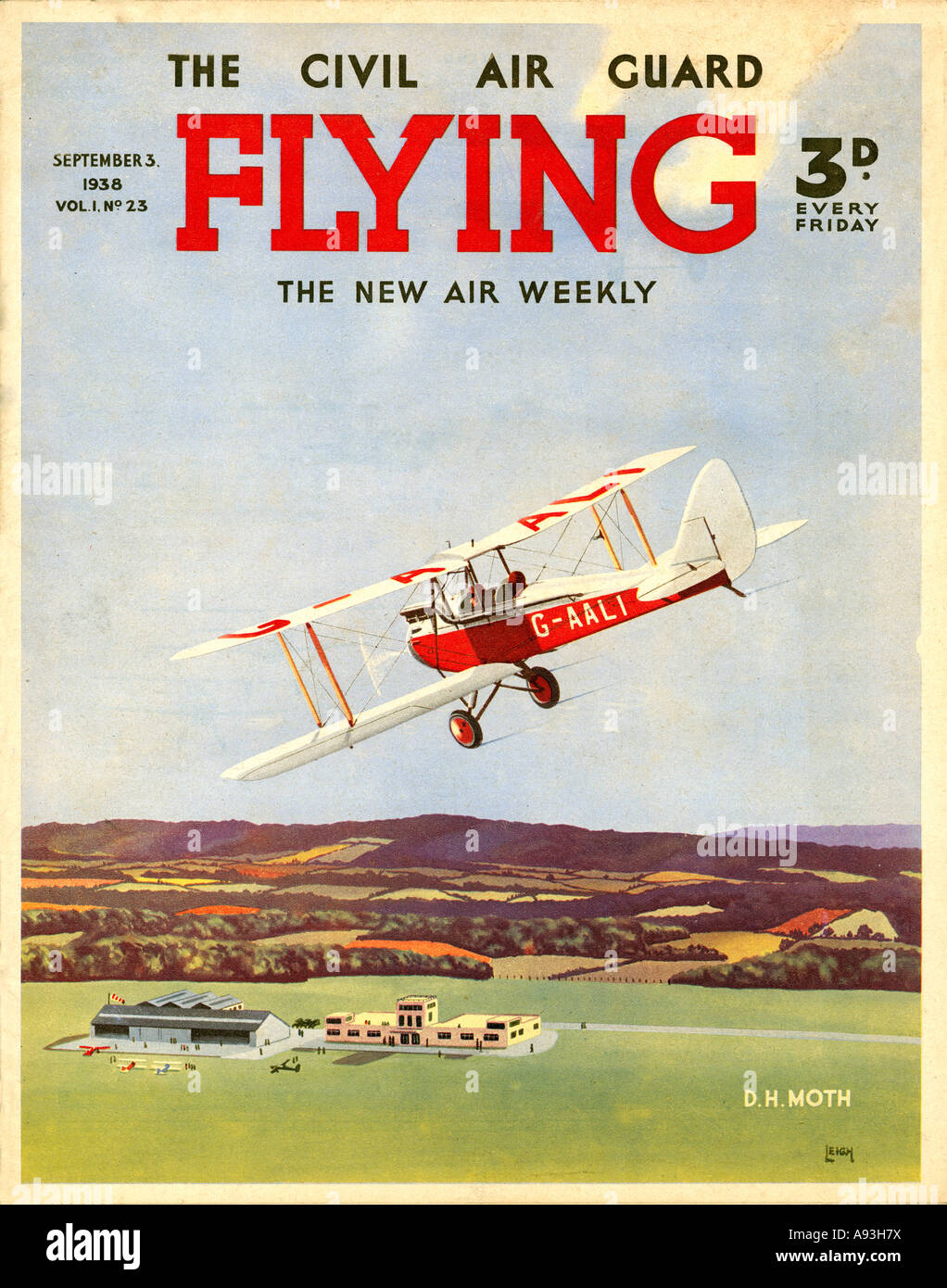 Flying Magazine September 1938 cover of the popular English aviation journal with a DH 82 Tiger Moth over an airfield Stock Photo