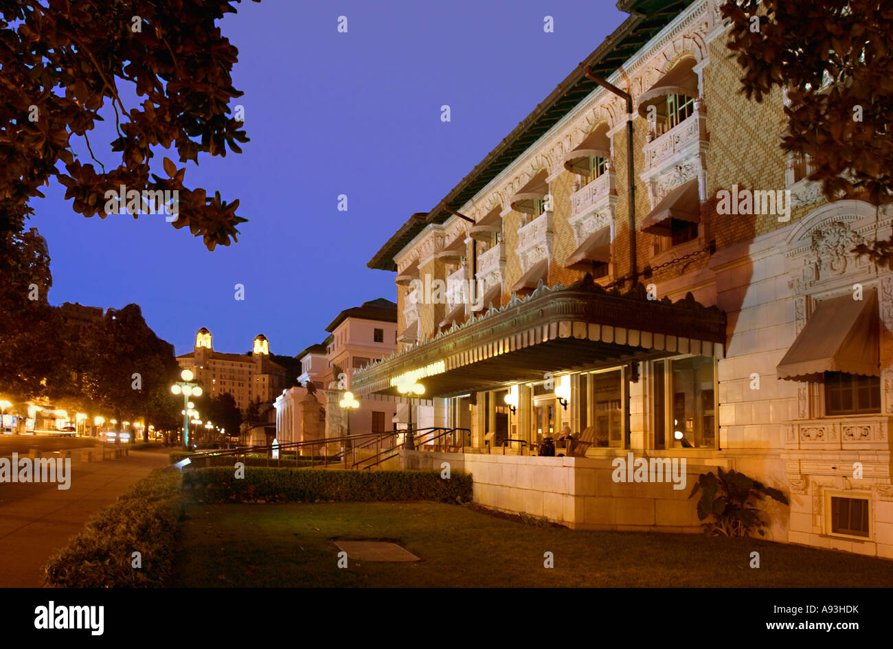 Visitor Center for Hot Springs National Park at night on Bathhouse Row