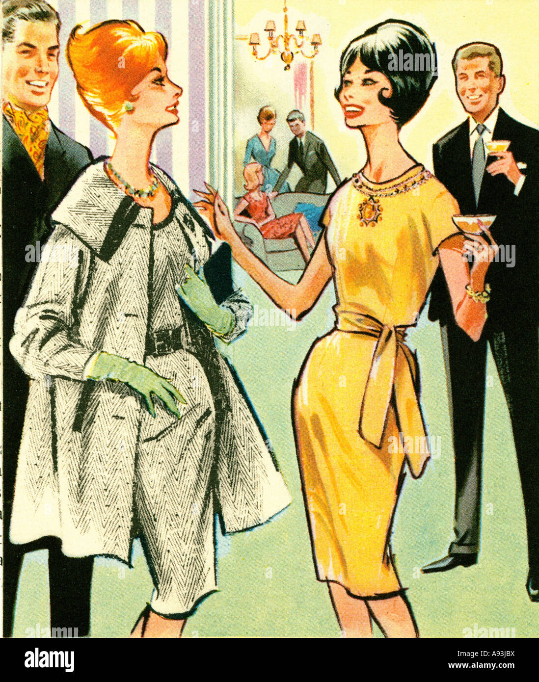 Champagne Reception 1961 fashion illustration of happy badinage at a party Stock Photo