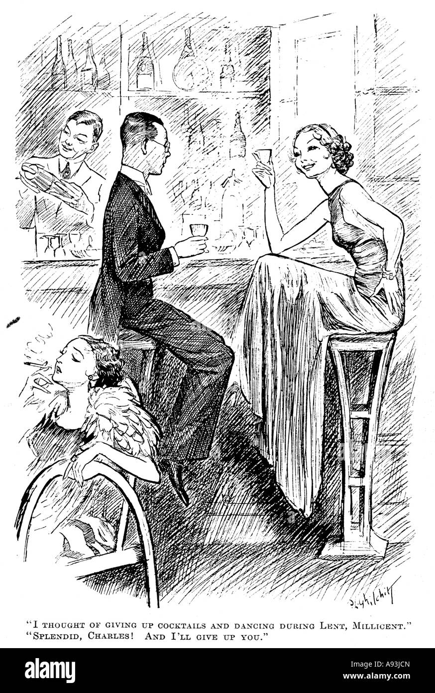 No Fun For Lent I thought of giving up cocktails and dancing during Lent and Ill give up on you 1934 cartoon Stock Photo