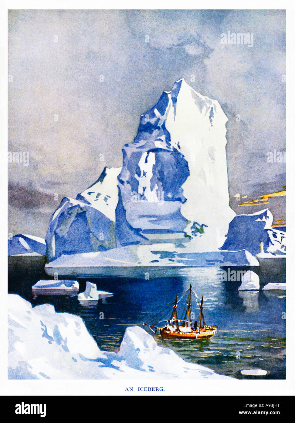 An Iceberg dwarfs a ship in this 1920s English magazine illustration of a whaler in the Antarctic ocean Stock Photo