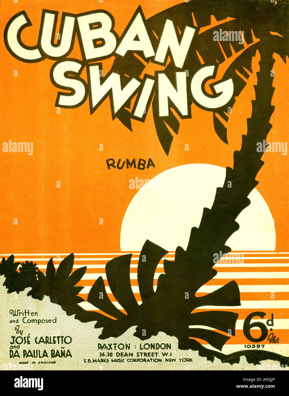 Cuban Swing Music sheet cover from 1937 for a rumba dance tune popular song written by Carletto and Bana Stock Photo