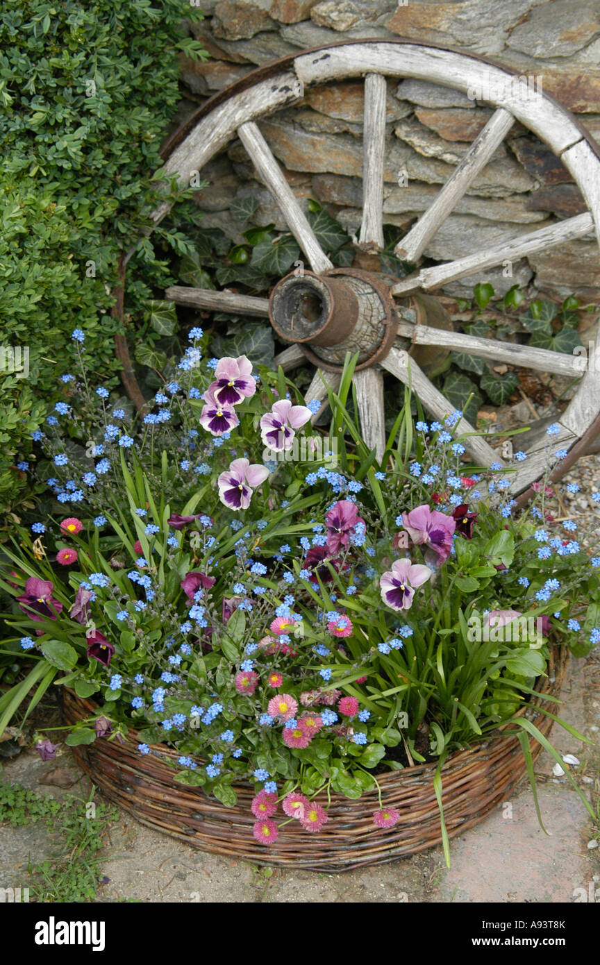 Garden detail with flower decoration and spoked wood wheel Stock Photo