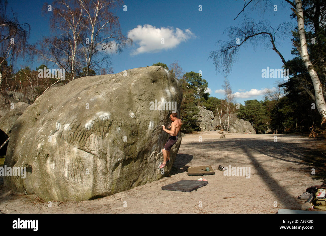 Boulderer in Fountainbleau France Stock Photo