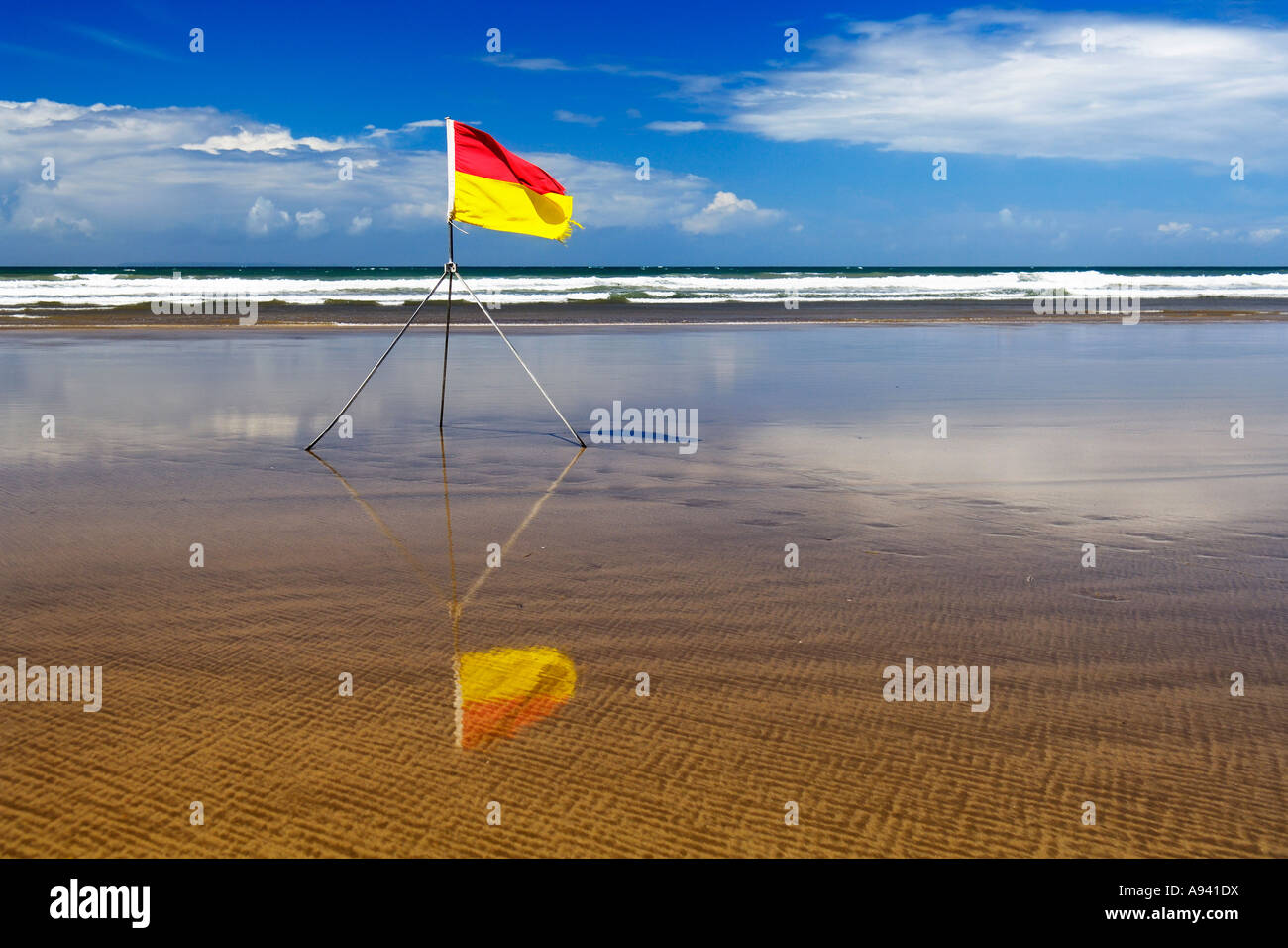 Lifeguard's safety flag on Westward Ho! beach in Devon, England Stock